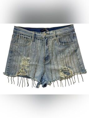 Fashion Nova Bling Fringe Distressed Denim Shorts Festival Y2K Size 7
